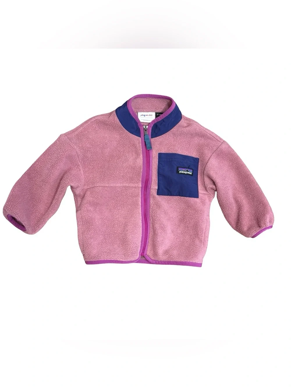 Patagonia Baby Synchilla Fleece Jacket Pink blue chest pocket and trim 12-18M